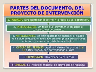PARTES DEL DOCUMENTO, DEL
  PROYECTO DE INTERVENCIÓN
1. PORTADA. Para identificar el escrito y la fecha de su elaboración.

     2. INTRODUCCIÓN. Un texto que brevemente presenta el
                  contenido del documento.

    3. ANTECEDENTES. En este apartado se señala si el asunto
   ya ha sido detectado y abordado en la empresa en ocasiones
            anteriores y cuales han sido los resultados.

    4. CUERPO DEL TRABAJO. Aquí se incluyen los puntos 1 al
           16 antes citados, que correspondan al caso

            5. CRONOGRAMA. Un calendario de fechas


   6. ANEXOS. Se incluye el material de apoyo que se requiera
 