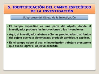 5. IDENTIFICACIÓN DEL CAMPO ESPECÍFICO
           DE LA INVESTIGACIÓN
            Subproceso del Objeto de la Investigación


• El campo específico es una parte del objeto, donde el
  investigador produce las innovaciones o las invenciones.
• Aquí, el investigador abstrae sólo las propiedades o atributos
  del objeto que va a sistematizar, producir cambios, o explicar.
• Es el campo sobre el cual el investigador trabaja y presupone
  que puede lograr el objetivo deseado.
 