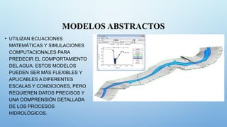 MODELOS ABSTRACTOS
• UTILIZAN ECUACIONES
MATEMÁTICAS Y SIMULACIONES
COMPUTACIONALES PARA
PREDECIR EL COMPORTAMIENTO
DEL AGUA. ESTOS MODELOS
PUEDEN SER MÁS FLEXIBLES Y
APLICABLES A DIFERENTES
ESCALAS Y CONDICIONES, PERO
REQUIEREN DATOS PRECISOS Y
UNA COMPRENSIÓN DETALLADA
DE LOS PROCESOS
HIDROLÓGICOS.
 