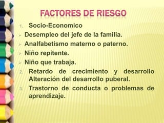 1. Socio-Economico
 Desempleo del jefe de la familia.
 Analfabetismo materno o paterno.
 Niño repitente.
 Niño que trabaja.
2. Retardo de crecimiento y desarrollo
Alteración del desarrollo puberal.
3. Trastorno de conducta o problemas de
aprendizaje.
 