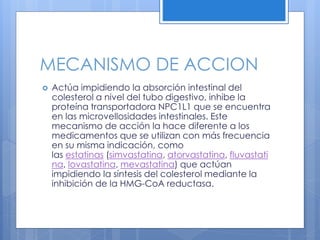 MECANISMO DE ACCION
 Actúa impidiendo la absorción intestinal del
colesterol a nivel del tubo digestivo, inhibe la
proteína transportadora NPC1L1 que se encuentra
en las microvellosidades intestinales. Este
mecanismo de acción la hace diferente a los
medicamentos que se utilizan con más frecuencia
en su misma indicación, como
las estatinas (simvastatina, atorvastatina, fluvastati
na, lovastatina, mevastatina) que actúan
impidiendo la síntesis del colesterol mediante la
inhibición de la HMG-CoA reductasa.
 