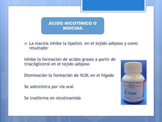  La niacina inhibe la lipolisis en el tejido adiposo y como
resultado:
Inhibe la formación de acidos grasos a partir de
triacilglicerol en el tejido adiposo
Disminución la formación de VLDL en el hígado
Se administra por vía oral
Se trasforma en nicotinamida
ÁCIDO NICOTÍNICO O
NIOCINA
 