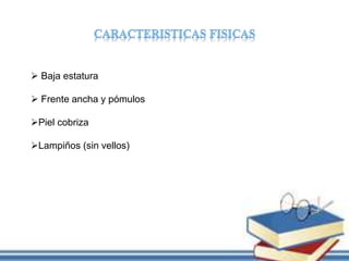  Baja estatura
 Frente ancha y pómulos
Piel cobriza
Lampiños (sin vellos)
 