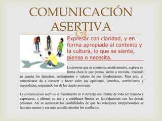 COMUNICACIÓN
        ASERTIVA
             
          Expresar con claridad, y en
                                 forma apropiada al contexto y
                                 la cultura, lo que se siente,
                                 piensa o necesita.
                                  La persona que se comunica asertivamente, expresa en
                                  forma clara lo que piensa, siente o necesita, teniendo
en cuenta los derechos, sentimientos y valores de sus interlocutores. Para esto, al
comunicarse da a conocer y hacer valer sus opiniones, derechos, sentimientos y
necesidades, respetando las de las demás personas.

La comunicación asertiva se fundamenta en el derecho inalienable de todo ser humano a
expresarse, a afirmar su ser y a establecer límites en las relaciones con las demás
personas. Así se aumentan las posibilidades de que las relaciones interpersonales se
lesionen menos y sea más sencillo abordar los conflictos.
 