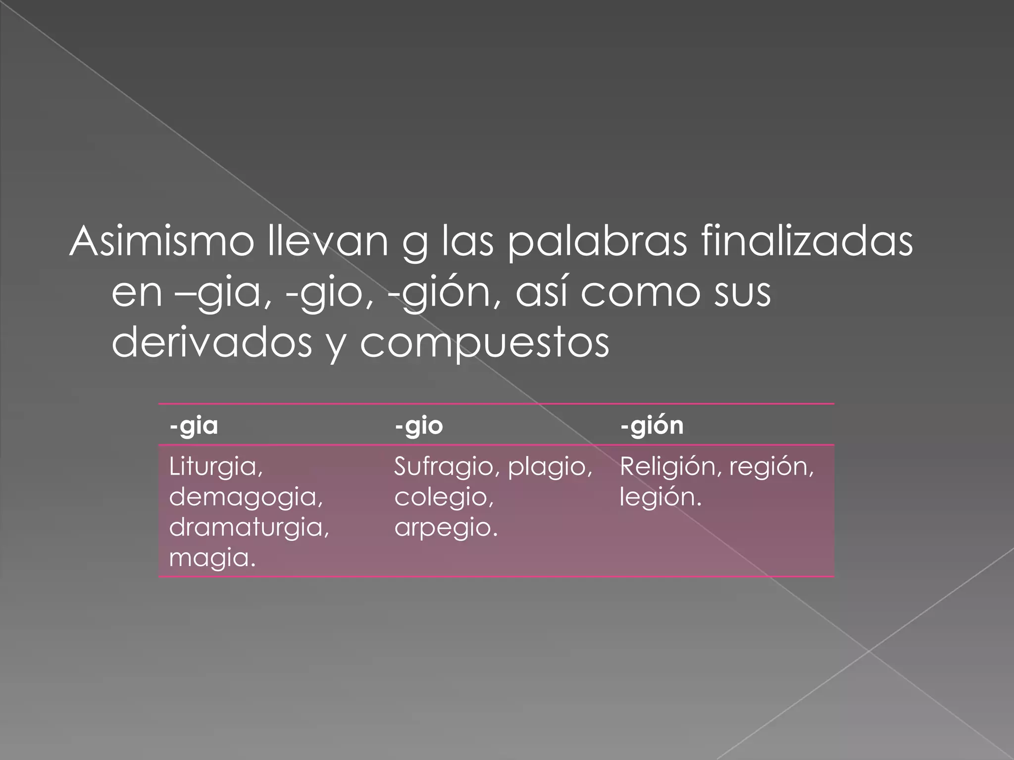 Asimismo llevan g las palabras finalizadas en –gia, -gio, -gión, así como sus derivados y compuestos