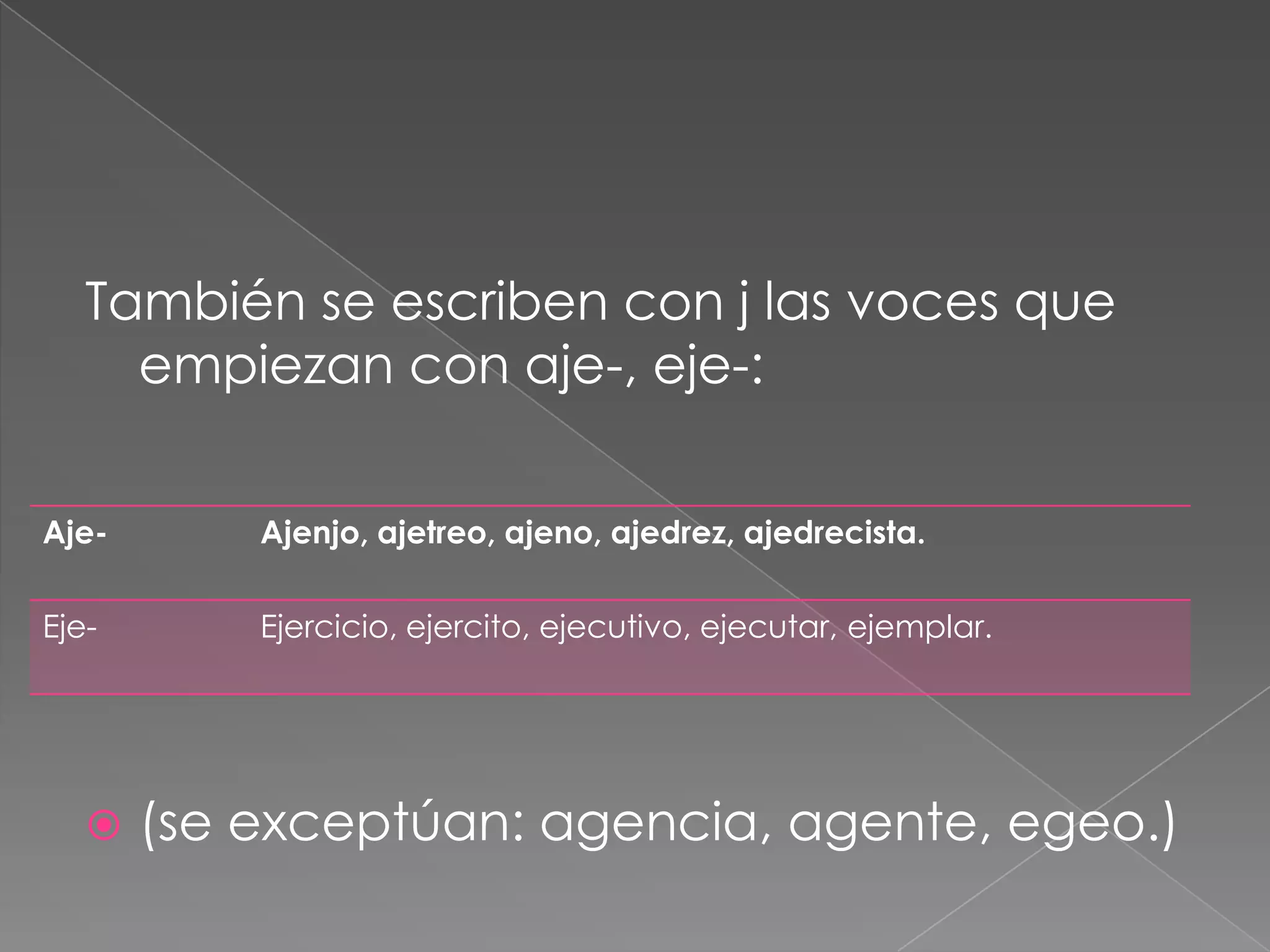 También se escriben con j las voces que empiezan con aje-, eje-:(se exceptúan: agencia, agente, egeo.)