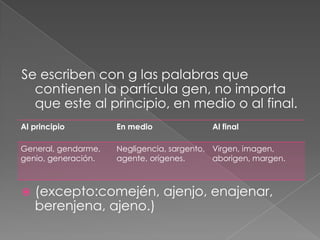 Se escriben con g las palabras que contienen la partícula gen, no importa que este al principio, en medio o al final.(excepto:comején, ajenjo, enajenar,      berenjena, ajeno.)