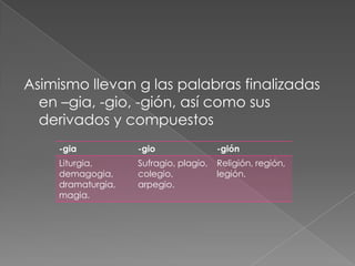 Asimismo llevan g las palabras finalizadas en –gia, -gio, -gión, así como sus derivados y compuestos