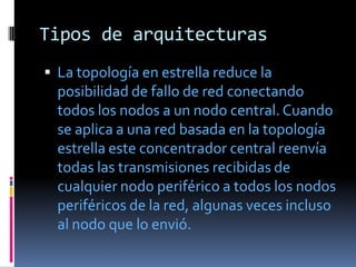 Tipos de arquitecturas
 La topología en estrella reduce la
  posibilidad de fallo de red conectando
  todos los nodos a u...