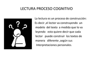 LECTURA PROCESO COGNITIVO

      La lectura es un proceso de construcción:
      Es decir ,el lector va construyendo un
       modelo del texto a medida que lo va
       leyendo esto quiere decir que cada
       lector puede construir los textos de
       manera diferente ,según sus
        Interpretaciones personales.
 