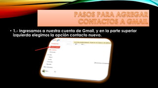 • 1.- Ingresamos a nuestra cuenta de Gmail, y en la parte superior
izquierda elegimos la opción contacto nuevo.
 