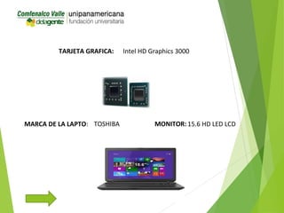 TARJETA GRAFICA: Intel HD Graphics 3000
MARCA DE LA LAPTO: TOSHIBA MONITOR: 15.6 HD LED LCD
 