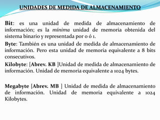 UNIDADES DE MEDIDA DE ALMACENAMIENTO

Bit: es una unidad de medida de almacenamiento de
información; es la mínima unidad de memoria obtenida del
sistema binario y representada por 0 ó 1.
Byte: También es una unidad de medida de almacenamiento de
información. Pero esta unidad de memoria equivalente a 8 bits
consecutivos.
Kilobyte: [Abrev. KB ]Unidad de medida de almacenamiento de
información. Unidad de memoria equivalente a 1024 bytes.
Megabyte [Abrev. MB ] Unidad de medida de almacenamiento
de información. Unidad de memoria equivalente a 1024
Kilobytes.

 