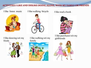 ACTIVITIES I LIKE AND DISLIKE DOING ALONE, WITH MY FAMILY OR FRIENDS 
I like listen music I like walking bicycle I like read a book 
I like dancing wit my 
frieds 
I like walking wit my 
family 
I like purchases wit my 
girlfriends 
