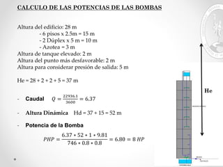CALCULO DE LAS POTENCIAS DE LAS BOMBAS
He
Altura del edificio: 28 m
- 6 pisos x 2.5m = 15 m
- 2 Dúplex x 5 m = 10 m
- Azotea = 3 m
Altura de tanque elevado: 2 m
Altura del punto más desfavorable: 2 m
Altura para considerar presión de salida: 5 m
He = 28 + 2 + 2 + 5 = 37 m
- Caudal 𝑄 =
22936.1
3600
= 6.37
- Altura Dinámica Hd = 37 + 15 = 52 m
- Potencia de la Bomba
𝑃𝐻𝑃 =
6.37 ∗ 52 ∗ 1 ∗ 9.81
746 ∗ 0.8 ∗ 0.8
= 6.80 = 8 𝐻𝑃
 