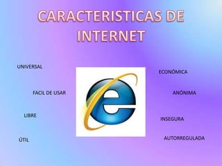 CARACTERISTICAS DE INTERNETUNIVERSALECONÓMICAFACIL DE USARANÓNIMALIBREINSEGURAAUTORREGULADAÚTIL