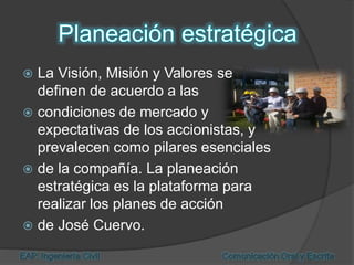  La Visión, Misión y Valores se
definen de acuerdo a las
 condiciones de mercado y
expectativas de los accionistas, y
prevalecen como pilares esenciales
 de la compañía. La planeación
estratégica es la plataforma para
realizar los planes de acción
 de José Cuervo.
 