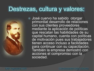  José cuervo ha sabido otorgar
primordial desarrollo de relaciones
con sus clientes proveedores
mediante la aplicación de políticas
que rescatan las habilidades de su
capital humano, cuenta con políticas
de motivación pues sus trabajadores
tienen acceso incluso a facilidades
para continuar con su capacitación.
También la empresa demostró con
acciones el compromiso con la
sociedad.
 