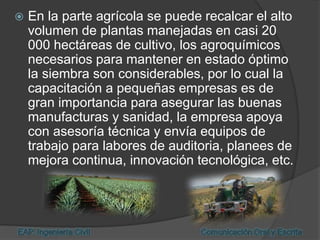  En la parte agrícola se puede recalcar el alto
volumen de plantas manejadas en casi 20
000 hectáreas de cultivo, los agroquímicos
necesarios para mantener en estado óptimo
la siembra son considerables, por lo cual la
capacitación a pequeñas empresas es de
gran importancia para asegurar las buenas
manufacturas y sanidad, la empresa apoya
con asesoría técnica y envía equipos de
trabajo para labores de auditoria, planees de
mejora continua, innovación tecnológica, etc.
 