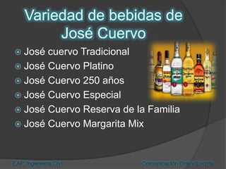 José cuervo Tradicional
 José Cuervo Platino
 José Cuervo 250 años
 José Cuervo Especial
 José Cuervo Reserva de la Familia
 José Cuervo Margarita Mix
 