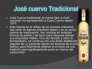  José Cuervo tradicional, la marca líder a nivel
nacional, ha representado a Casa Cuervo desde
1975.
 Este tequila es el reflejo de un proceso artesanal
que nace de agaves tequilana weber y en su punto
optimo de maduración, son cocidos en antiguos
hornos de piedra y de barro para después extraer
sus exquisitas mieles. Una vez llevado a cabo la
fermentación, se continua con una doble destilación,
seguido de un paciente reposo en barricas de encino
blanco, para finalmente obtener el símbolo de una
tradición que orgullosamente pone en manos del
consumidor.
 
