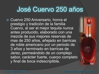  Cuervo 250 Aniversario, honra el
prestigio y tradición de la familia
Cuervo, al ser el mejor tequila nunca
antes producido, elaborado con una
mezcla de sus mejores reservas de
mas de 250 años, añejado en barricas
de roble americano por un periodo de
3 años y terminado en barricas de
Jerez, permeándolo de un complejo
sabor, carácter fuerte, cuerpo completo
y final de boca indescriptible.
 