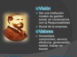  Ser una institución
modelo de gestión
social, en consonancia
con la Responsabilidad
 Social de la empresa.
 Honestidad,
compromiso, servicio,
eficiencia, generosidad,
lealtad, trabajo en
equipo.
 
