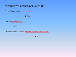 PREDICATIVO VERBAL OBLIGATORIO

El pueblo ecuatoriano es noble.

                        PVO

La niña esta hermosa.

           PVO

Las cabañas de la costa parecen míseros habitáculos.

                                   PVO
 