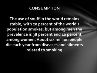 CONSUMPTION

  The use of snuff in the world remains
  stable, with 20 percent of the world's
population smokes, but among men the
 prevalence is 38 percent and 10 percent
among women. About six million people
die each year from diseases and ailments
           related to smoking
 