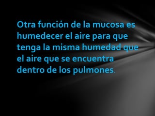 Otra función de la mucosa es
humedecer el aire para que
tenga la misma humedad que
el aire que se encuentra
dentro de los pulmones.
 