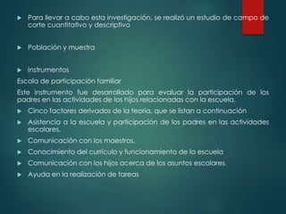  Para llevar a cabo esta investigación, se realizó un estudio de campo de
corte cuantitativo y descriptivo
 Población y muestra
 Instrumentos
Escala de participación familiar
Este instrumento fue desarrollado para evaluar la participación de los
padres en las actividades de los hijos relacionadas con la escuela.
 Cinco factores derivados de la teoría, que se listan a continuación
 Asistencia a la escuela y participación de los padres en las actividades
escolares.
 Comunicación con los maestros.
 Conocimiento del currículo y funcionamiento de la escuela
 Comunicación con los hijos acerca de los asuntos escolares.
 Ayuda en la realización de tareas
 