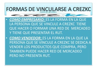 FORMAS DE VINCULARSE A CREZKC
• COMO EMPRESARIO: ES LA FORMA EN LA QUE
  LA PERSONA QUE SE VINCULE A CREZKC TIENE
  QUE HACER O FORMAR UNA RED DE MERCADEO
  Y TIENE QUE PRESENTAR EL RUT.
• COMO VENDEDOR: ES LA FORMA EN LA QUE LA
  PERSONA QUE SE VINCULE A CREZKC SE DEDICA A
  VENDER LOS PRODUCTOS QUE COMPRA, PERO
  TAMBIEN PUEDE HACER RED DE MERCADEO
  PERO NO PRESENTA RUT.
 