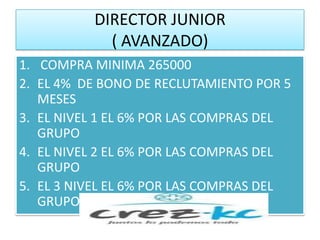 DIRECTOR JUNIOR
            ( AVANZADO)
1. COMPRA MINIMA 265000
2. EL 4% DE BONO DE RECLUTAMIENTO POR 5
   MESES
3. EL NIVEL 1 EL 6% POR LAS COMPRAS DEL
   GRUPO
4. EL NIVEL 2 EL 6% POR LAS COMPRAS DEL
   GRUPO
5. EL 3 NIVEL EL 6% POR LAS COMPRAS DEL
   GRUPO
 