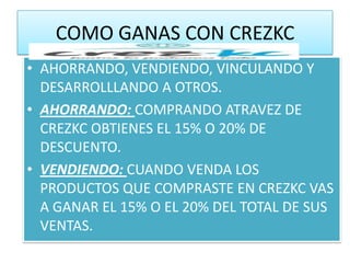 COMO GANAS CON CREZKC
• AHORRANDO, VENDIENDO, VINCULANDO Y
  DESARROLLLANDO A OTROS.
• AHORRANDO: COMPRANDO ATRAVEZ DE
  CREZKC OBTIENES EL 15% O 20% DE
  DESCUENTO.
• VENDIENDO: CUANDO VENDA LOS
  PRODUCTOS QUE COMPRASTE EN CREZKC VAS
  A GANAR EL 15% O EL 20% DEL TOTAL DE SUS
  VENTAS.
 