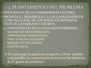  DEFICIENCIA DE LA COMPREMSION LECTORA.
 PROPICIA EL DESARROLLO A LAS CAPACIDADES DE
  COMUNICACIÓN DE LOS NIÑOS EN DISTINTOS
  USOS DE LA HABLADA Y ESCRITA.
 5 COMPETENCIAS DE LA EDUCACION PRIMARIA:
    MANEJO DE MINFORMACION.
    APRENDIZAJE PERMANENTE.
    PARA VIVIR EN SOCIEDAD.
    MENEJO DE SITUACINES.
    CONVIVENCIA.

 A lo cual surge la siguiente pregunta ¿Cómo ayudar
  a desarrollar la comprensión lectora en los alumnos
  de 6° grado de primaria?
 