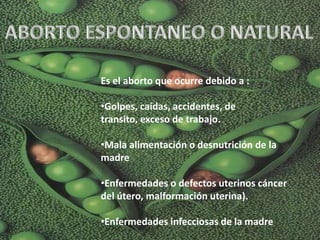 Es el aborto que ocurre debido a :

•Golpes, caídas, accidentes, de
transito, exceso de trabajo.

•Mala alimentación o desnutrición de la
madre

•Enfermedades o defectos uterinos cáncer
del útero, malformación uterina).

•Enfermedades infecciosas de la madre
 