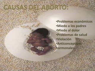CAUSAS DEL ABORTO:
              •Problemas económicos
              •Miedo a los padres
              •Miedo al dolor
              •Problemas de salud
              •Violación
              •Anticonceptivos
              hormonales.
 