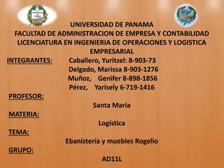 UNIVERSIDAD DE PANAMA 
FACULTAD DE ADMINISTRACION DE EMPRESA Y CONTABILIDAD 
LICENCIATURA EN INGENIERIA DE OPERACIONES Y LOGISTICA 
EMPRESARIAL 
INTEGRANTES: Caballero, Yuritzel: 8-903-73 
Delgado, Marissa 8-903-1276 
Muñoz, Genifer 8-898-1856 
Pérez, Yarisely 6-719-1416 
PROFESOR: 
Santa María 
MATERIA: 
Logística 
TEMA: 
Ebanistería y muebles Rogelio 
GRUPO: 
AD11L 
 
