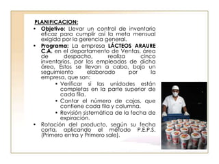 PLANIFICACION:
• Objetivo: Llevar un control de inventario
  eficaz para cumplir así la meta mensual
  exigida por la gerencia general.
• Programa: La empresa LÁCTEOS ARAURE
  C.A. en el departamento de Ventas, área
  de       despacho,        realiza     cinco
  inventarios, por los empleados de dicha
  área. Estos se llevan a cabo, bajo un
  seguimiento       elaborado       por     la
  empresa, que son:
       • Verificar si las unidades están
         completas en la parte superior de
         cada fila.
       • Contar el número de cajas, que
         contiene cada fila y columna.
       • Revisión sistemática de la fecha de
         expiración.
• Rotación del producto, según su fecha
  corta, aplicando el método P.E.P.S.
  (Primero entra y Primero sale).
 