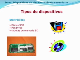 Tema: Dispositivos de almacenamiento secundario
Tipos de dispositivos
Electrónicos
• Discos SSD
• Pendrives
• tarjetas de memoria SD
 