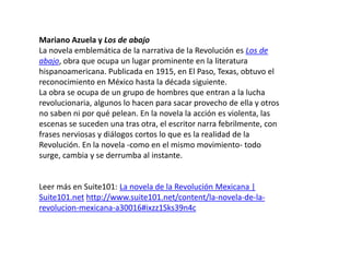 Mariano Azuela y Los de abajoLa novela emblemática de la narrativa de la Revolución es Los de abajo, obra que ocupa un lugar prominente en la literatura hispanoamericana. Publicada en 1915, en El Paso, Texas, obtuvo el reconocimiento en México hasta la década siguiente.La obra se ocupa de un grupo de hombres que entran a la lucha revolucionaria, algunos lo hacen para sacar provecho de ella y otros no saben ni por qué pelean. En la novela la acción es violenta, las escenas se suceden una tras otra, el escritor narra febrilmente, con frases nerviosas y diálogos cortos lo que es la realidad de la Revolución. En la novela -como en el mismo movimiento- todo surge, cambia y se derrumba al instante.Leer más en Suite101: La novela de la Revolución Mexicana | Suite101.nethttp://www.suite101.net/content/la-novela-de-la-revolucion-mexicana-a30016#ixzz1Sks39n4c