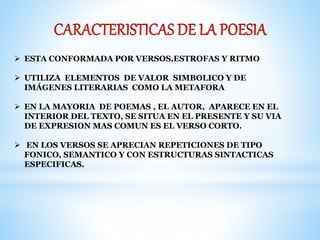  ESTA CONFORMADA POR VERSOS,ESTROFAS Y RITMO 
 UTILIZA ELEMENTOS DE VALOR SIMBOLICO Y DE 
IMÁGENES LITERARIAS COMO LA METAFORA 
 EN LA MAYORIA DE POEMAS , EL AUTOR, APARECE EN EL 
INTERIOR DEL TEXTO, SE SITUA EN EL PRESENTE Y SU VIA 
DE EXPRESION MAS COMUN ES EL VERSO CORTO. 
 EN LOS VERSOS SE APRECIAN REPETICIONES DE TIPO 
FONICO, SEMANTICO Y CON ESTRUCTURAS SINTACTICAS 
ESPECIFICAS. 
 
