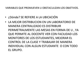 VARIABLES QUE PROMUEVEN U OBSTACULIZAN LOS OBJETIVOS. ¿Dónde? SE REFIERE A LA UBICACIÓN  LA MEJOR DISTRIBUCION EN UN LABORATORIO DE MANERA CENTRALIZADO ES DISTRIBUIR PERIMETRALMENTE LAS MESAS EN FORMA DE U , YA QUE PERMITE AL DOCENTE VER CON FACILIDAD LOS MONITORES DE LOS ESTUDIANTES, MEJORAR EL CONTROL DE LA CLASE Y TRABAJAR DE MANERA INDIVIDUAL CON ALGUN ESTUDIANTE  O CON TODO EL GRUPO. 
