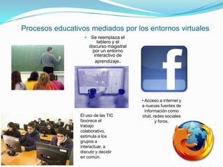 Procesos educativos mediados por los entornos virtuales
                    Se reemplaza el
                          tablero y el
                     discurso magistral
                       por un entorno
                        interactivo de
                         aprendizaje.




                                          • Acceso a internet y
                                          a nuevas fuentes de
                                            información como
                 El uso de las TIC        chat, redes sociales
                 favorece el                     y foros.
                 trabajo
                 colaborativo,
                 estimula a los
                 grupos a
                 interactuar, a
                 discutir y decidir
                 en común.
 