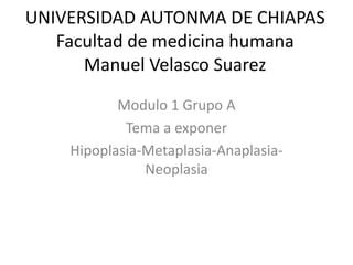 UNIVERSIDAD AUTONMA DE CHIAPAS
Facultad de medicina humana
Manuel Velasco Suarez
Modulo 1 Grupo A
Tema a exponer
Hipoplasia-Metaplasia-Anaplasia-
Neoplasia
 