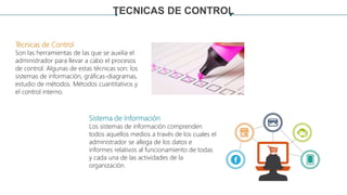 TECNICAS DE CONTROL
Técnicas de Control
Son las herramientas de las que se auxilia el
administrador para llevar a cabo el procesos
de control. Algunas de estas técnicas son: los
sistemas de información, gráficas-diagramas,
estudio de métodos. Métodos cuantitativos y
el control interno.
Sistema de Información
Los sistemas de información comprenden
todos aquellos medios a través de los cuales el
administrador se allega de los datos e
informes relativos al funcionamiento de todas
y cada una de las actividades de la
organización.
 