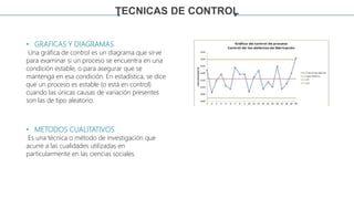 TECNICAS DE CONTROL
• GRAFICAS Y DIAGRAMAS
Una gráfica de control es un diagrama que sirve
para examinar si un proceso se encuentra en una
condición estable, o para asegurar que se
mantenga en esa condición. En estadística, se dice
que un proceso es estable (o está en control)
cuando las únicas causas de variación presentes
son las de tipo aleatorio.
• METODOS CUALITATIVOS
Es una técnica o método de investigación que
acurre a las cualidades utilizadas en
particularmente en las ciencias sociales.
 