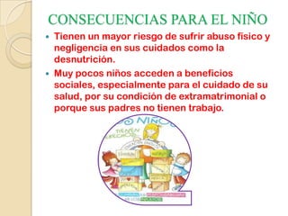 CONSECUENCIAS PARA EL NIÑO
 Tienen un mayor riesgo de sufrir abuso físico y
negligencia en sus cuidados como la
desnutrición.
 Muy pocos niños acceden a beneficios
sociales, especialmente para el cuidado de su
salud, por su condición de extramatrimonial o
porque sus padres no tienen trabajo.
 