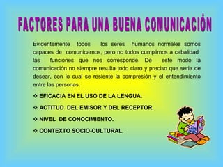 Evidentemente  todos  los seres  humanos normales somos capaces de  comunicarnos, pero no todos cumplimos a cabalidad  las  funciones que nos corresponde. De  este modo la comunicación no siempre resulta todo claro y preciso que seria de desear, con lo cual se resiente la compresión y el entendimiento entre las personas. EFICACIA   EN EL USO DE LA LENGUA. ACTITUD  DEL EMISOR Y DEL RECEPTOR. NIVEL  DE CONOCIMIENTO. CONTEXTO SOCIO-CULTURAL. FACTORES PARA UNA BUENA COMUNICACIÓN 