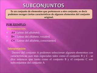 POR EJEMPLO: Representación: A= { Letras del alfabeto} B=  { Letras del alfabeto, vocales} C=  { Letras del alfabeto, consonantes} Interpretación: Dentro del conjunto A podemos seleccionar algunos elementos con características aun más especiales tales como el conjunto B y C , se dice entonces que tanto como el conjunto B y el conjunto C son subconjuntos del conjunto A  Es un conjunto de elementos que pertenecen a otro conjunto, es decir podemos escoger ciertas características de algunos elementos del conjunto original. 